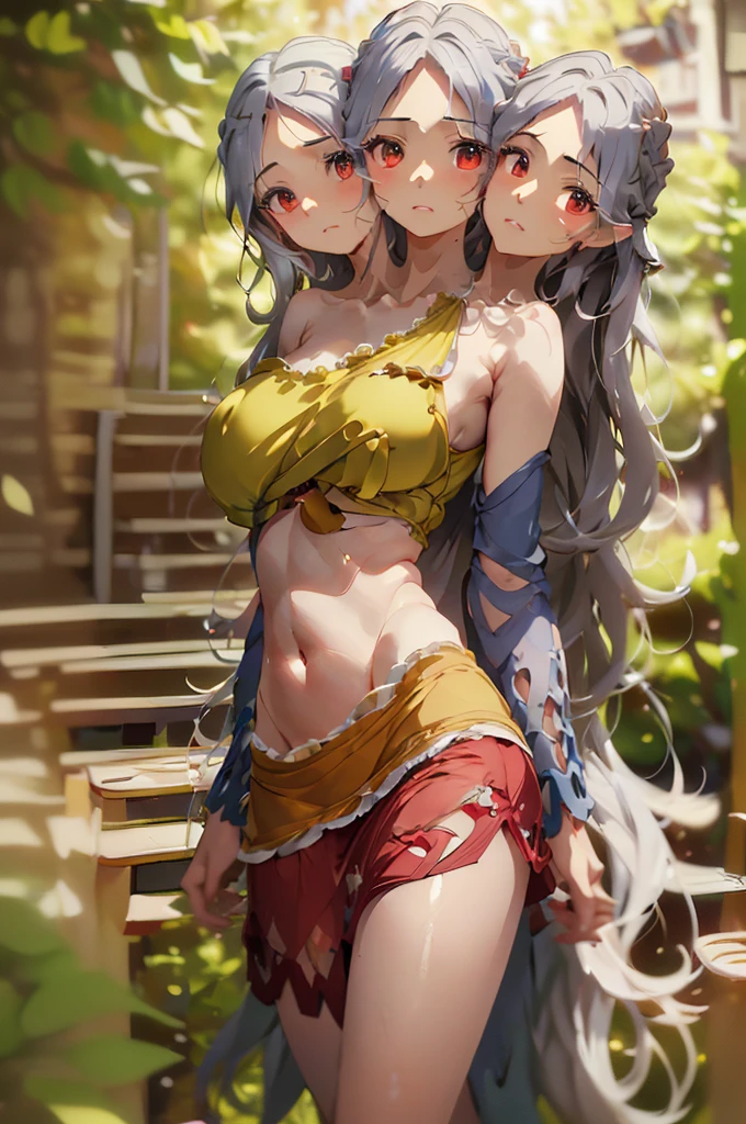 (masterpiece, best quality), best quality, (ultra-detailed), (3heads:1.5), 1girl, (nemuno sakata:1.3), masterpiece, best quality, ultra quality, ultra resolution, ultra detail, yellow/gold and orange top, crop top, ((stomach)), midriff, ((groin)), red skirt, normal ears, shackles, waist-length grey hair, very long hair, wavy hair, sidelocks, red eyes, very detailed eyes, parted lips, sweat, cute, open belly, toned belly, hand on own chest, eyelashes, (24 year old woman:1.3), (masterpiece:1.5), (best quality:1.5), (beautiful detailed extremely detailed CG, extremely delicate and beautiful, depth of field, (finely detailed face), (perfect details:1.2), (mature female:1.4), wide pelvis, slender, large veiny breast, 16k resolution, highres, very high quality, very high definition, extremely detailed, masterpiece, waist-length grey hair, long hair, alluring presence, braid, short skirt, close up, big tits, young,