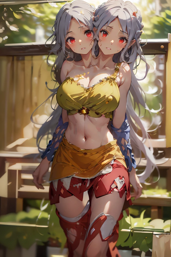 (masterpiece, best quality), best quality, (ultra-detailed), (3heads:1.5), 1girl, (nemuno sakata:1.3), masterpiece, best quality, ultra quality, ultra resolution, ultra detail, yellow/gold and orange top, crop top, ((stomach)), midriff, ((groin)), red skirt, normal ears, shackles, waist-length grey hair, very long hair, wavy hair, sidelocks, red eyes, very detailed eyes, parted lips, sweat, cute, open belly, toned belly, hand on own chest, eyelashes, (24 year old woman:1.3), (masterpiece:1.5), (best quality:1.5), (beautiful detailed extremely detailed CG, extremely delicate and beautiful, depth of field, (finely detailed face), (perfect details:1.2), (mature female:1.4), wide pelvis, slender, large veiny breast, 16k resolution, highres, very high quality, very high definition, extremely detailed, masterpiece, waist-length grey hair, long hair, alluring presence, braid, short skirt, close up, big tits, young,
