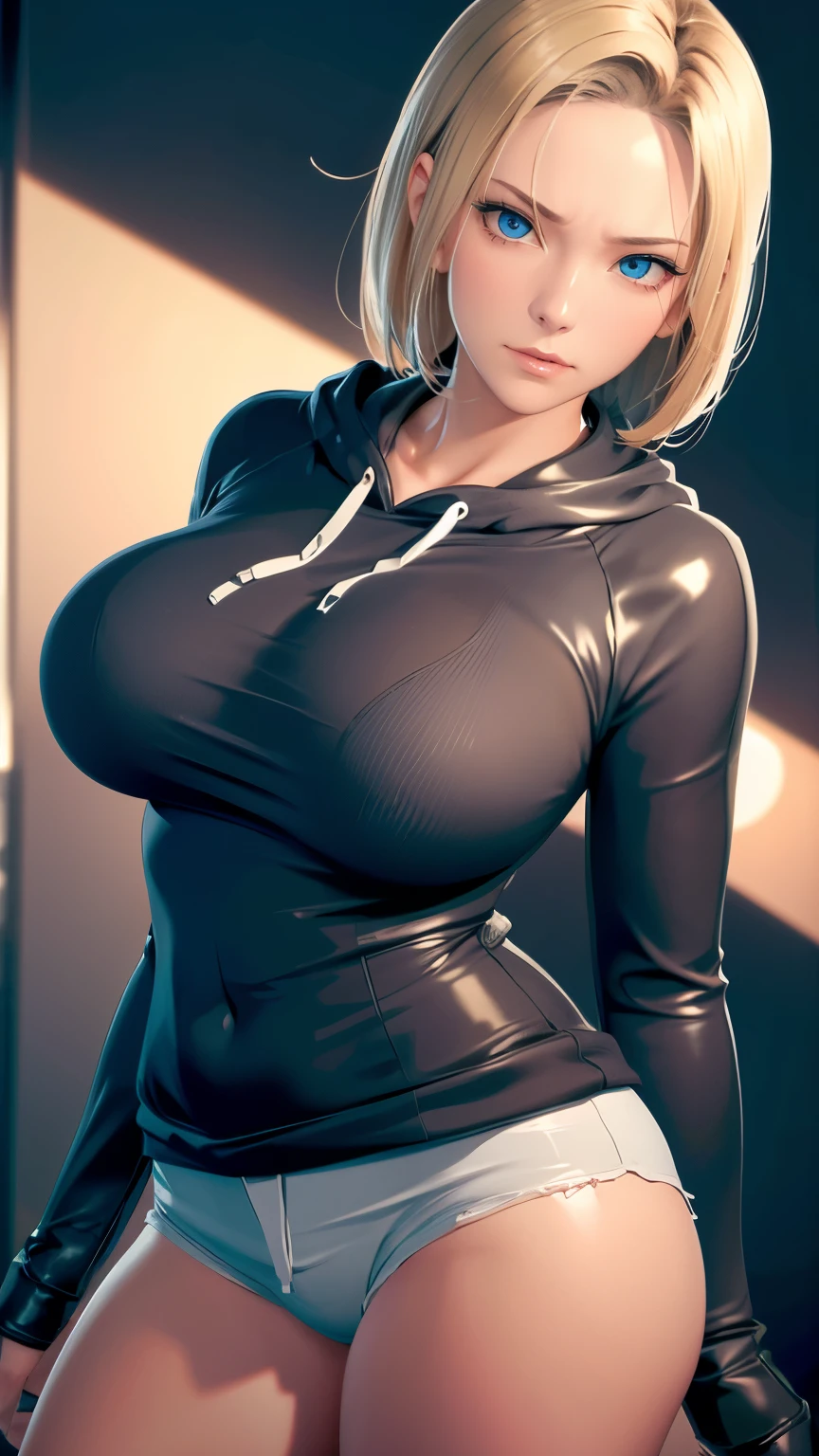 （（（完美figure，figure，solo， （（（ss，hoodie，hood, shorts, navel,hood down,））），（（（and18, android 18, blonde hair, blue eyes, short hair, ））），((masterpiece)),high resolution, ((Best quality at best))，masterpiece，quality，Best quality，（（（ Exquisite facial features，Looking at the audience,There is light in the eyes，(（（angry，serious））)，））），型figure:1.7））），（（（Light and shadow，Huge breasts））），（（（Looking at the camera，black background，）））