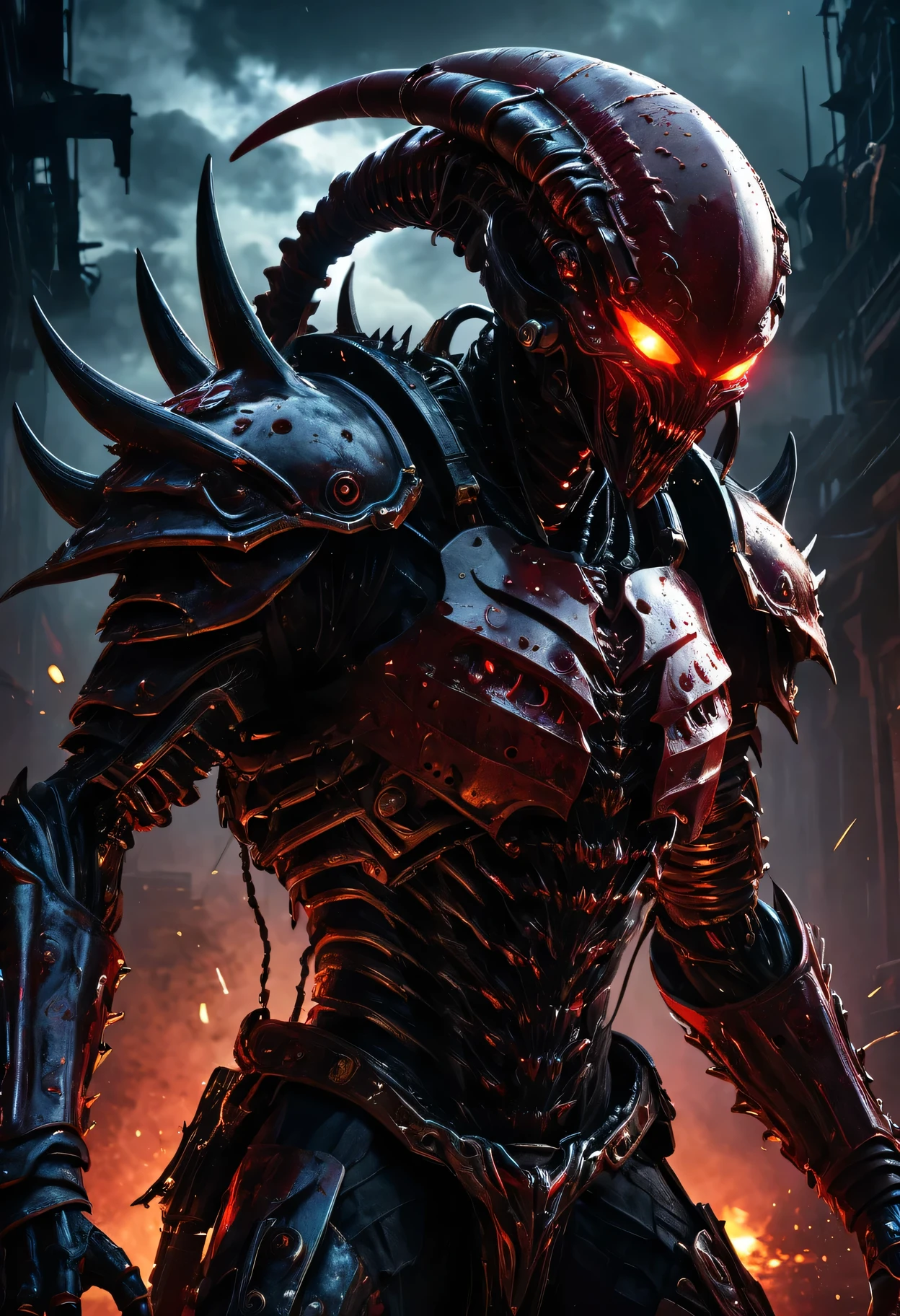 best quality,ultra-detailed,mechanical alien warrior,(bloody,gruesome:gory) details,metallic texture,terrifying face and body,glowing red eyes,sharp fangs and claws,shiny armor with elaborate engravings and intricate patterns,menacing appearance,destructive weapons and gadgets,post-apocalyptic setting,haunting background,moonlit night,heavy mist and smoke,dark and eerie atmosphere,dramatic lighting,ominous shadows,intense action scene,horror art style,high contrast,deep red color palette,evil aura,loud and terrifying sounds,eerie silence,blood splatters,weapon clashes,sparks and fire explosions.