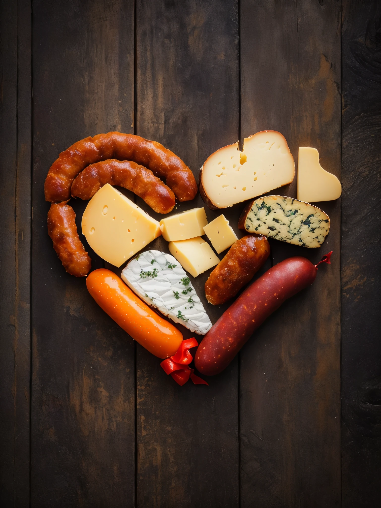 there are many different types of cheese and sausages, arranged in the shape of a heart, Cheese and salami on the table, Made from cheese, cheesy, Cheese and pepperoni, delicious, the secret, Eating cheese, healthy, high quality image, fleshy, cheap, Jacob Gauermann, Dietmar Damerau, excellent quality, high quality photo, stock