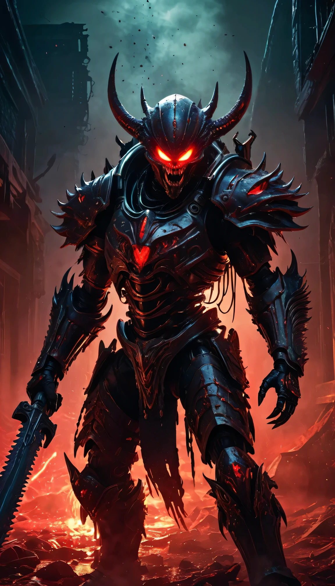 best quality,ultra-detailed,mechanical alien warrior,(bloody,gruesome:gory) details,metallic texture,terrifying face and body,glowing red eyes,sharp fangs and claws,shiny armor with elaborate engravings and intricate patterns,menacing appearance,destructive weapons and gadgets,post-apocalyptic setting,haunting background,moonlit night,heavy mist and smoke,dark and eerie atmosphere,dramatic lighting,ominous shadows,intense action scene,horror art style,high contrast,deep red color palette,evil aura,loud and terrifying sounds,eerie silence,blood splatters,weapon clashes,sparks and fire explosions.