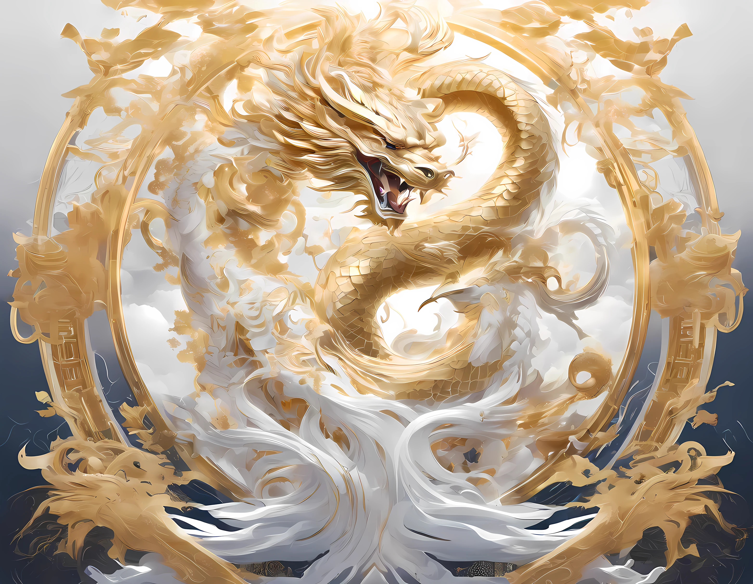 A logo、​masterpiece、(white backgrounid:1)、Golden Chinese dragon surrounded by white clouds、Deities々Halo、the wind、Deities、long wavy body、tusk、The upper part of the body、Fantasia、myth、hightquality、ighly detailed、​masterpiece、epic poem、Particle effect、Dynamic effects