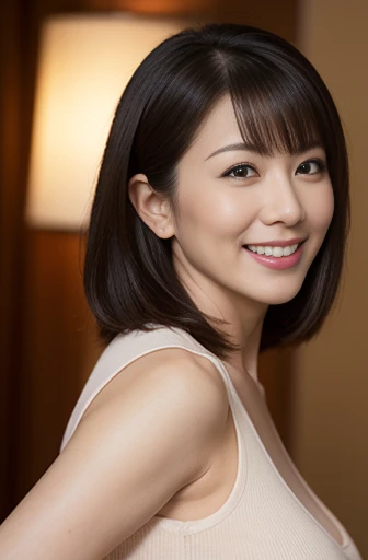 Masseter Film, highest quality, masterpiece, High resolution, realism, Original photo, 8k wallpaper, perfection, Professional Lighting, Very detailed, Written boundary depth, ((Sexy beautiful woman)), ((Sexy 42 year old woman)),, ((smile)), Detailed face, Beautiful Eyes,, bangs, She has big breasts and a nice figure, (sexy look),, (Thick lips), Large Breastsが見えるよ,View from the front,Large Breasts,Tank top,Open your mouth wide to show the back of your throat,In the mouth