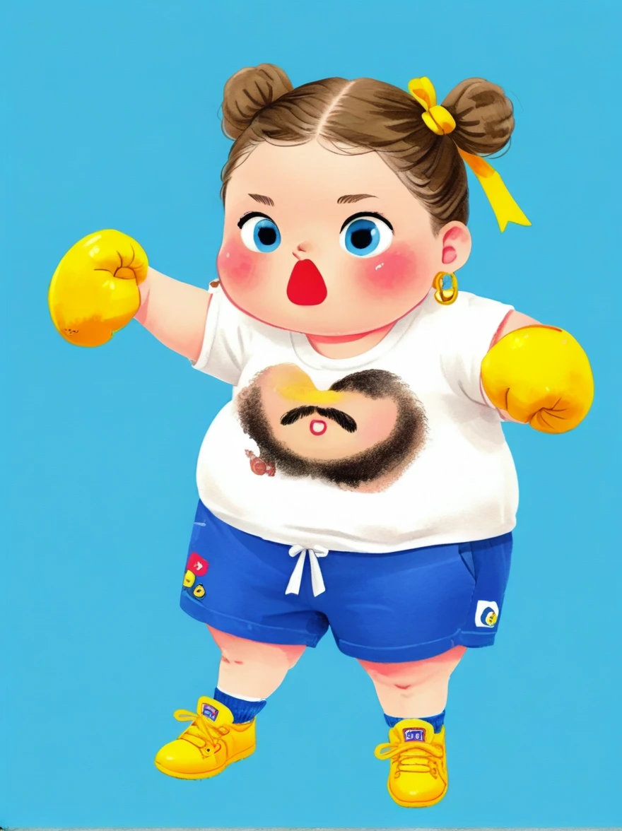 1 fat girl，Kissing in front of the camera，(one eye Close:1.6)，Wearing a simple white sweatshirtBREAK Black tie shorts，Bright yellow sneakers，Always ready for the challenge，Brown ponytail tied up high，Showing her lively and active side，The most eye-catching thing is the yellow boxing gloves she wears，(punching:1.5)，Eyes firm and bright，Revealing an unyielding fighting spirit，Light blue background，full body，chibi anime illustration，Vector illustration，cartoon Q version, by Tiago Hoisel