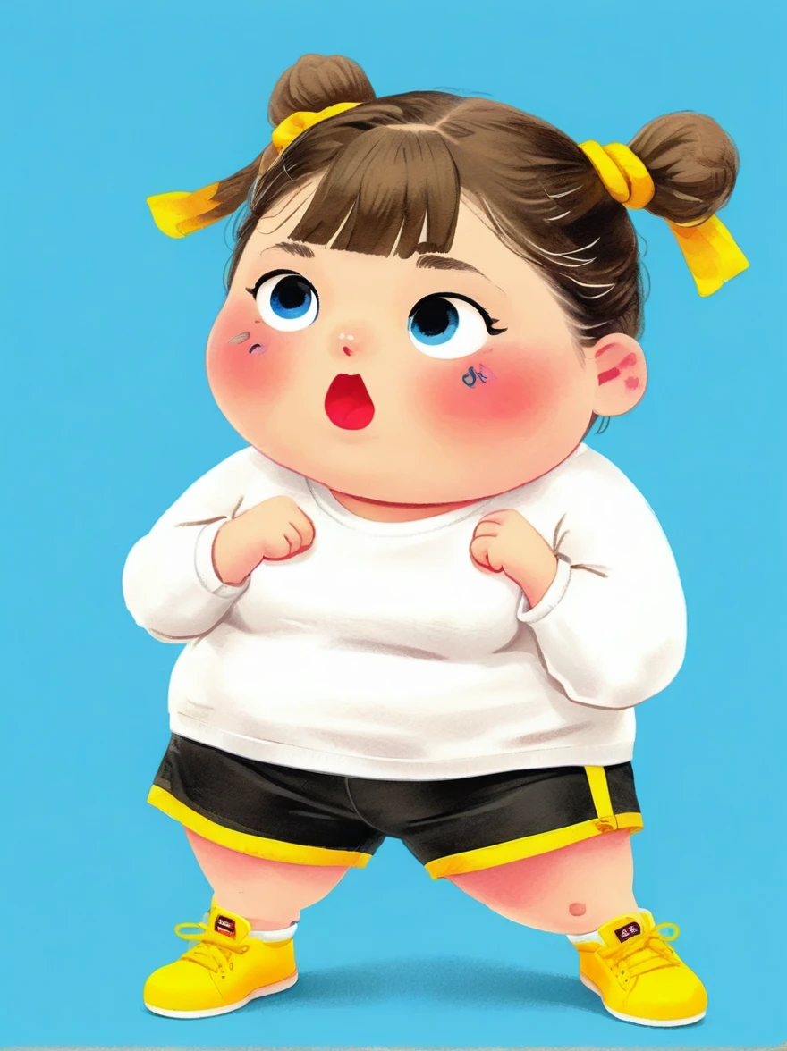 1 fat girl，Kissing in front of the camera，(one eye Close:1.6)，Wearing a simple white sweatshirtBREAK Black tie shorts，Bright yellow sneakers，Always ready for the challenge，Brown ponytail tied up high，Showing her lively and active side，The most eye-catching thing is the yellow boxing gloves she wears，(punching:1.5)，Eyes firm and bright，Revealing an unyielding fighting spirit，Light blue background，full body，chibi anime illustration，Vector illustration，cartoon Q version, by Tiago Hoisel