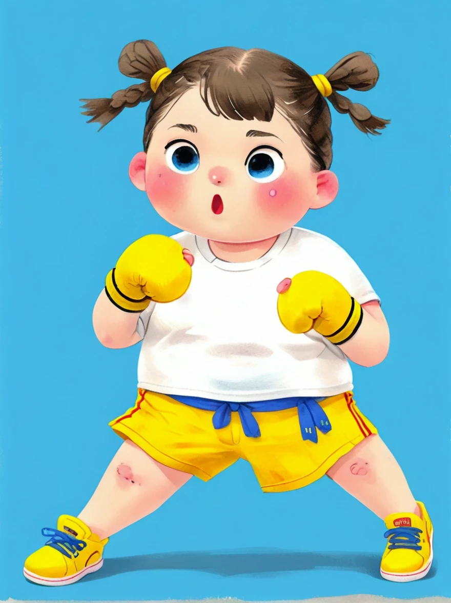 1 fat girl，Kissing in front of the camera，(one eye Close:1.6)，Wearing a simple white sweatshirtBREAK Black tie shorts，Bright yellow sneakers，Always ready for the challenge，Brown ponytail tied up high，Showing her lively and active side，The most eye-catching thing is the yellow boxing gloves she wears，(punching:1.5)，Eyes firm and bright，Revealing an unyielding fighting spirit，Light blue background，full body，chibi anime illustration，Vector illustration，cartoon Q version, by Tiago Hoisel