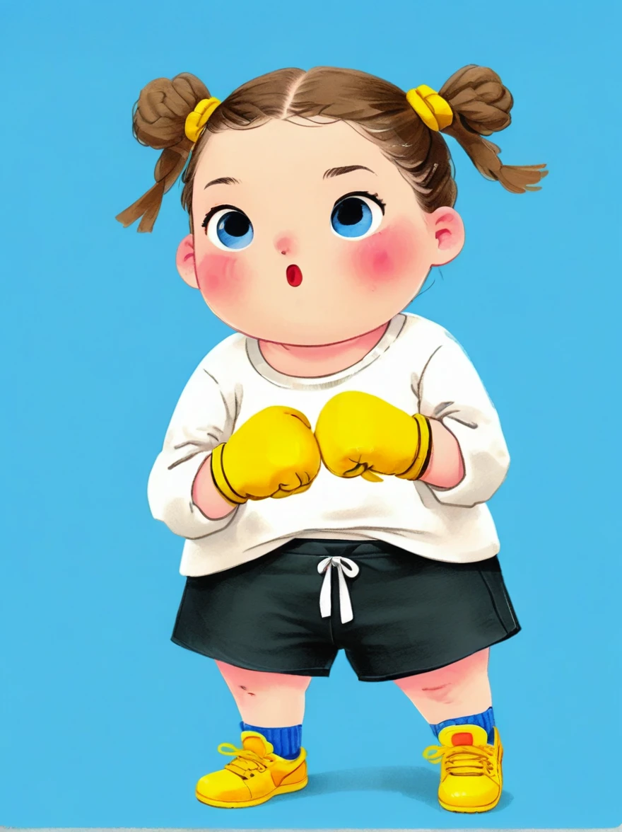 1 fat girl，Kissing in front of the camera，(one eye Close:1.6)，Wearing a simple white sweatshirtBREAK Black tie shorts，Bright yellow sneakers，Always ready for the challenge，Brown ponytail tied up high，Showing her lively and active side，The most eye-catching thing is the yellow boxing gloves she wears，(punching:1.5)，Eyes firm and bright，Revealing an unyielding fighting spirit，Light blue background，full body，chibi anime illustration，Vector illustration，cartoon Q version, by Tiago Hoisel