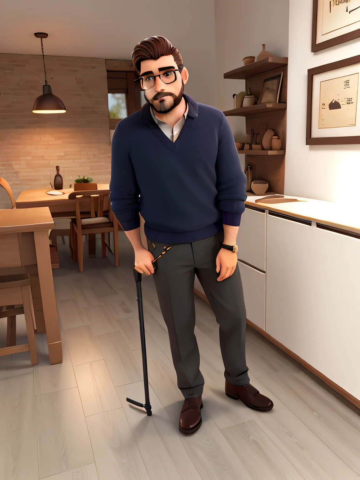hombre con barba, gafas, leaning on a cane.