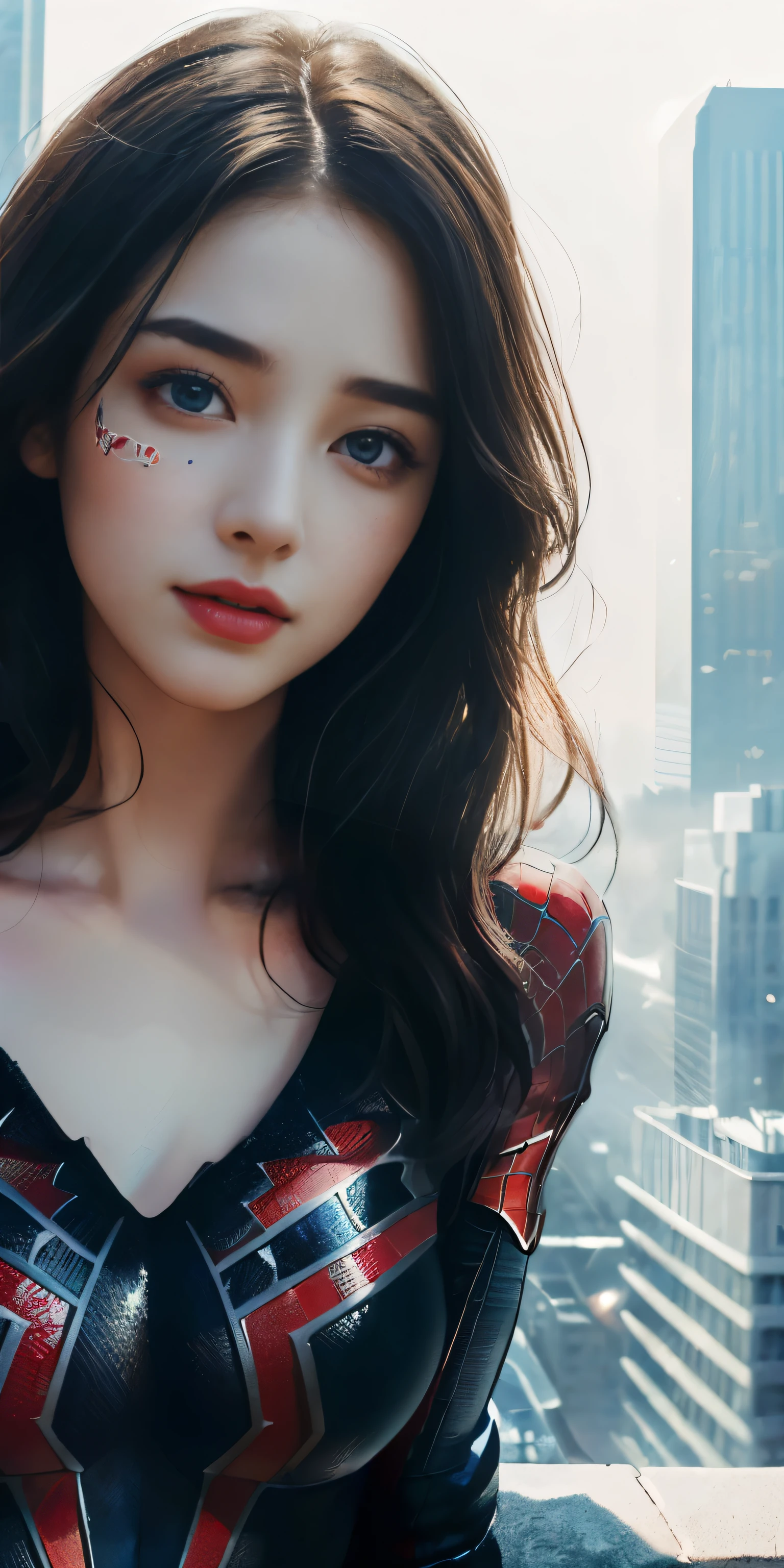 (1girl:1.3), Solo, (((Very detailed face)))), ((Very detailed eyes and face)))), Beautiful detail eyes, Body parts__, Official art, Unified 8k wallpaper, Super detailed, beautiful and beautiful, beautiful, masterpiece, best quality, original, masterpiece, super fine photo, best quality, super high resolution, realistic realism, sunlight, full body portrait, amazing beauty, dynamic pose, delicate face, vibrant eyes, (from the front), She wears Spider-Man suit, red and black color scheme, spider, very detailed city roof background, rooftop, overlooking the city, detailed face, detailed complex busy background, messy, gorgeous, milky white, highly detailed skin, realistic skin details, visible pores, clear focus, volumetric fog, 8k uhd, DSLR, high quality, film grain, fair skin, photo realism, lomography, futuristic dystopian megalopolis, translucent