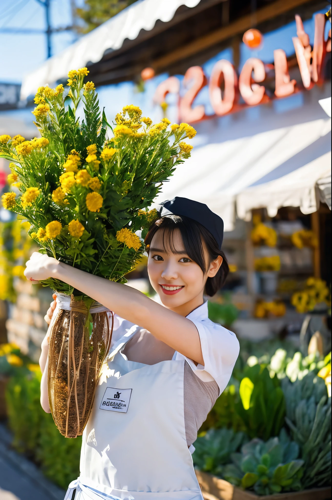 ((masterpiece,best quaLightingy 1.4)), (8k,RAW Photos:1.2), (Realistic,photo Realistic:1.4), Ultra-high resolution , (Highly detailed 8k wallpaper) ,Japanese Idols, Japanese actress, Japanese, very cute, Big eyes, Highly detailed eyes and face, Beautiful eyes in every detail,Shiny skin,Portraiture,(ponytail :1.2),(smile:1.3) ,(Holding a bouquet:1.2),Lighting, Sharp focus, Written boundary depth , (Dynamic Angle:1.4 ). Blur the background, Bokeh, (apron:1.3) ,A small flower shop bathed in spring sunlight, Colorful flowers lined up. In front of the shop, Vibrant bouquets and hanging succulents on display... The background is cobblestones and old-fashioned streetscapes..