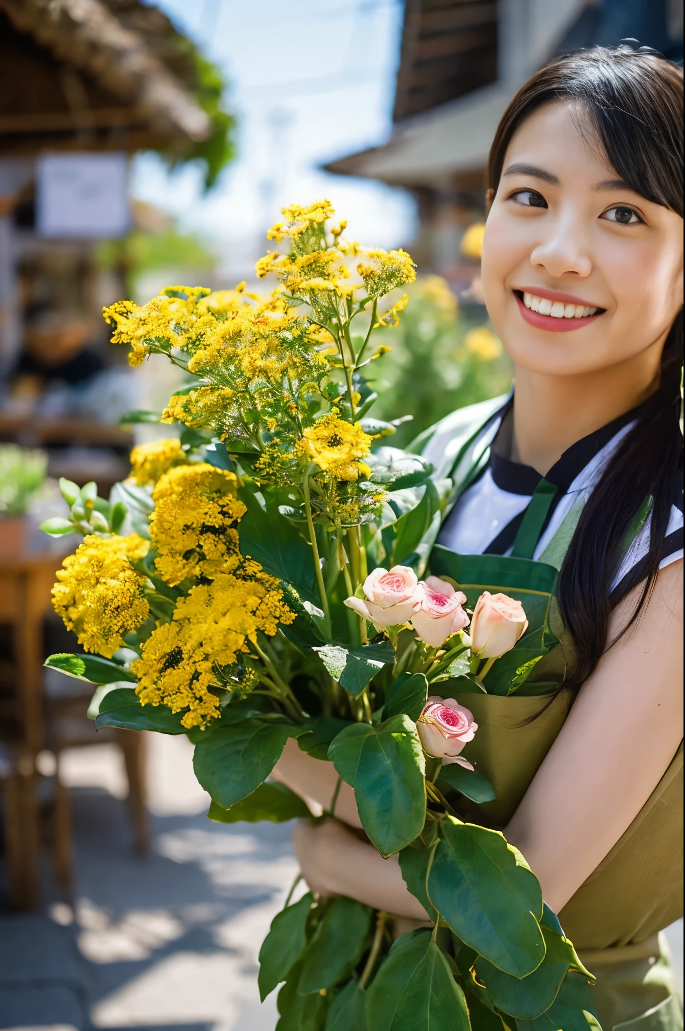 ((masterpiece,best quaLightingy 1.4)), (8k,RAW Photos:1.2), (Realistic,photo Realistic:1.4), Ultra-high resolution , (Highly detailed 8k wallpaper) ,Japanese Idols, Japanese actress, Japanese, very cute, Big eyes, Highly detailed eyes and face, Beautiful eyes in every detail,Shiny skin,Portraiture,(ponytail :1.2),(smile:1.3) ,(Holding a bouquet:1.2),Lighting, Sharp focus, Written boundary depth , (Dynamic Angle:1.4 ). Blur the background, Bokeh, (apron:1.3) ,A small flower shop bathed in spring sunlight, Colorful flowers lined up. In front of the shop, Vibrant bouquets and hanging succulents on display... The background is cobblestones and old-fashioned streetscapes..