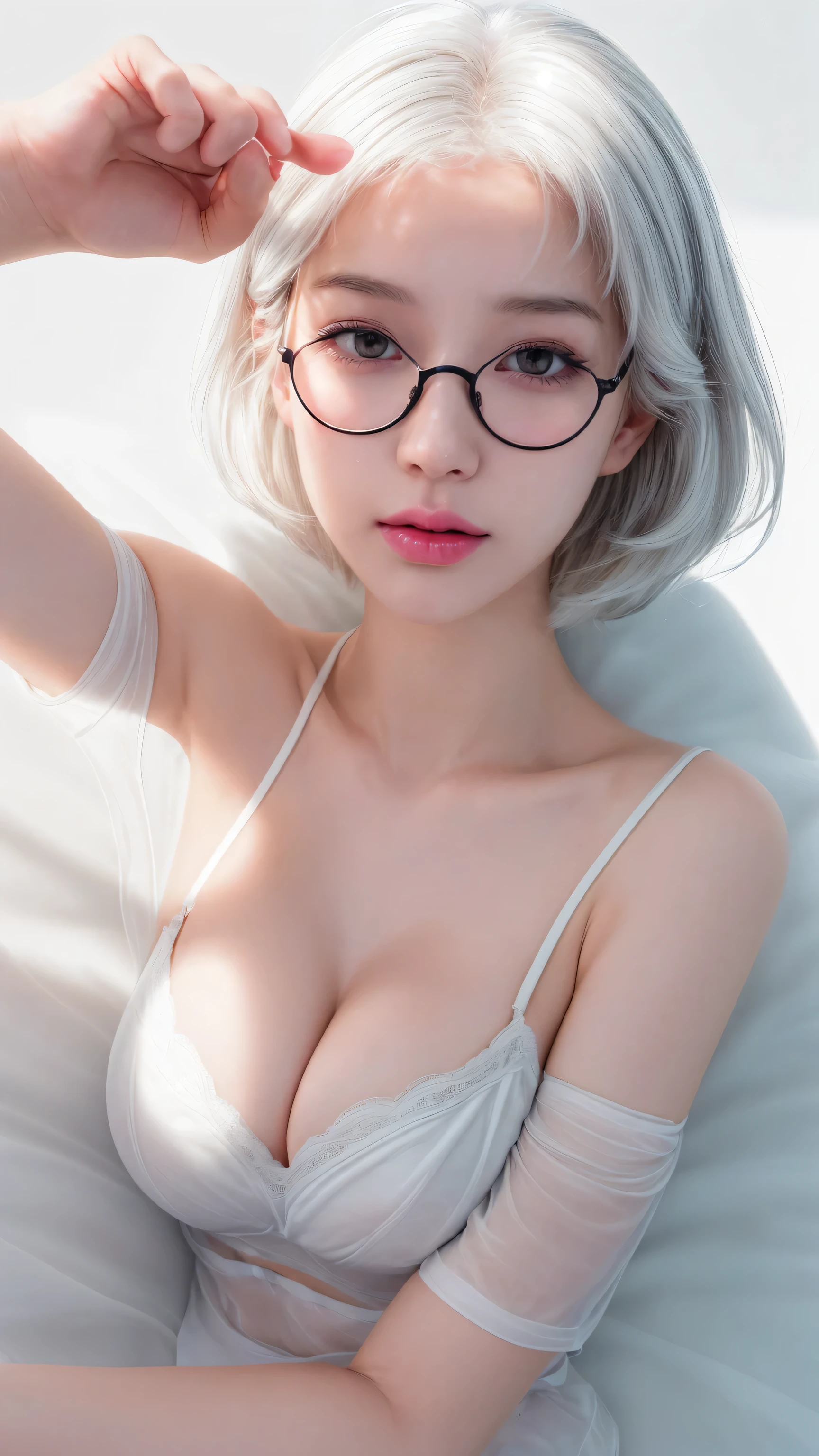 Sweet expression, Lying down, White glasses, Short white hair, (8k, original photo, Reality:1.25) ,( Lip Gloss, eyelash, Bright face, Glowing skin, best quality, Ultra-high resolution , Depth of Field, Chromatic Aberration, Caustic lines, The width light, Natural shadows, Hallyu idol) Look at the audience with calm and goddess-like happiness, whole body, Large Breasts, White lingerie, black, Transparent shirt, White shirt, secretary