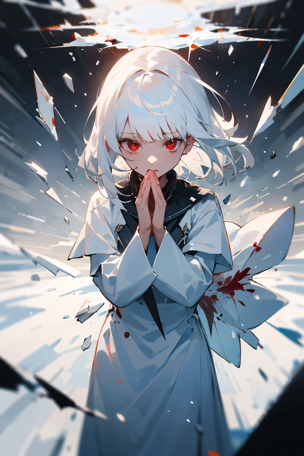 girl, white hair, red eyes, white clothes, shattered glass, praying, snow hill, light distortion, cut marks, blood particles