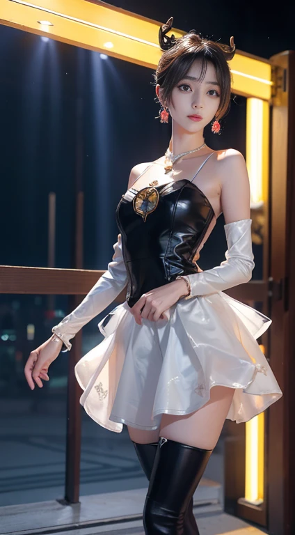 Ayaka,Genshin Impact,kamisato Ayaka, ((whole body)), ((From below)), ((Jiufeng,Exposing shoulders)), Clear Face, Pretty face, 8k, masterpiece, Original photo, highest quality, detailed:1.2,real, detailed, Very detaileded, CG, Unity, wallpaper, Depth of written boundary, movie light, Lens flare, Ray Tracing, (Very beautiful face, Beautiful Lips, Beautiful Eyes), complicated, detailed的脸, ((ultra detaileded skin)), 1 girl, In the Dark, Deep Shadow, Beautiful Korean Girl, K-Pop Idols,(Very slim figure:1.3), Ample breasts, Slim sexy legs, Graceful posture, (Bright smile), (City night, (Neon Light), (night), Beautiful Korean Girl, White Diamond Earrings, Diameter Bracelet, Deer Necklace, Clear Eyes, Look forward, (Big eyes)