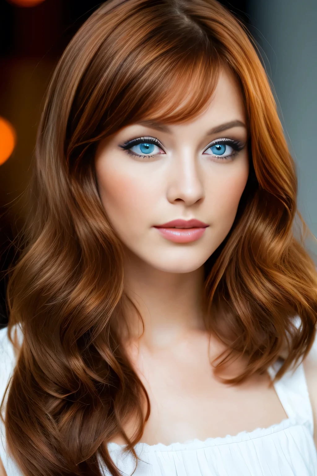 Russian style brunette woman with blue eyes with orange and brown hair