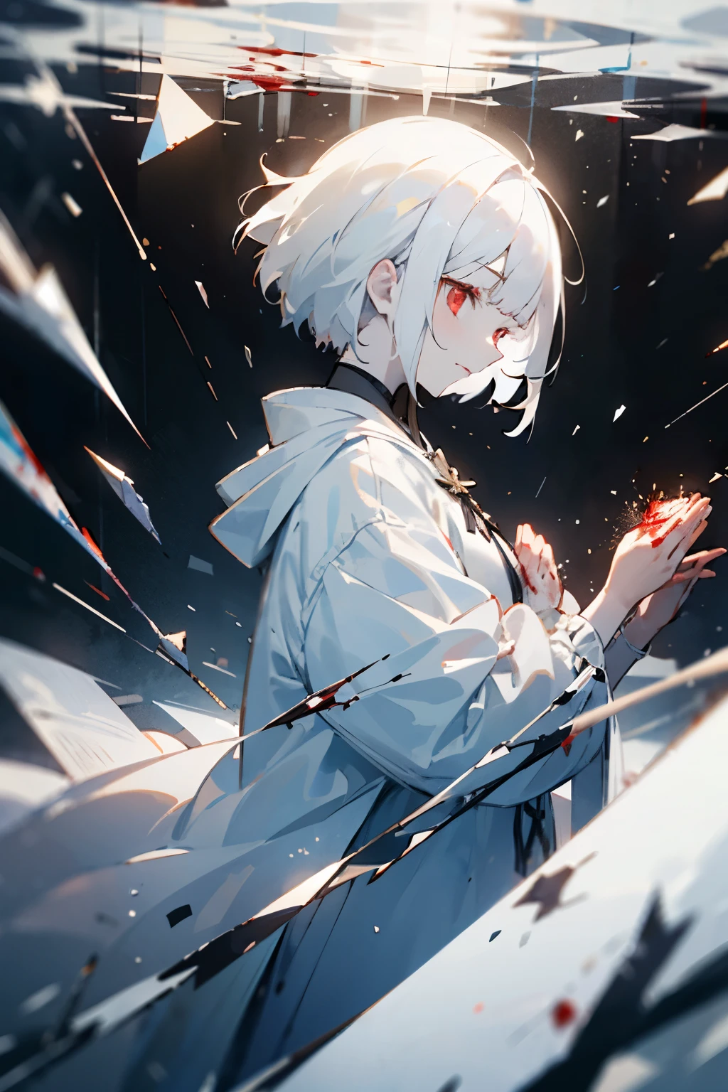 girl, white hair, red eyes, pale white skin, white clothes, shattered glass, praying, snow hill, light distortion, cut marks, blood particles, looking to the sky, glass shards, glass reflecting light 