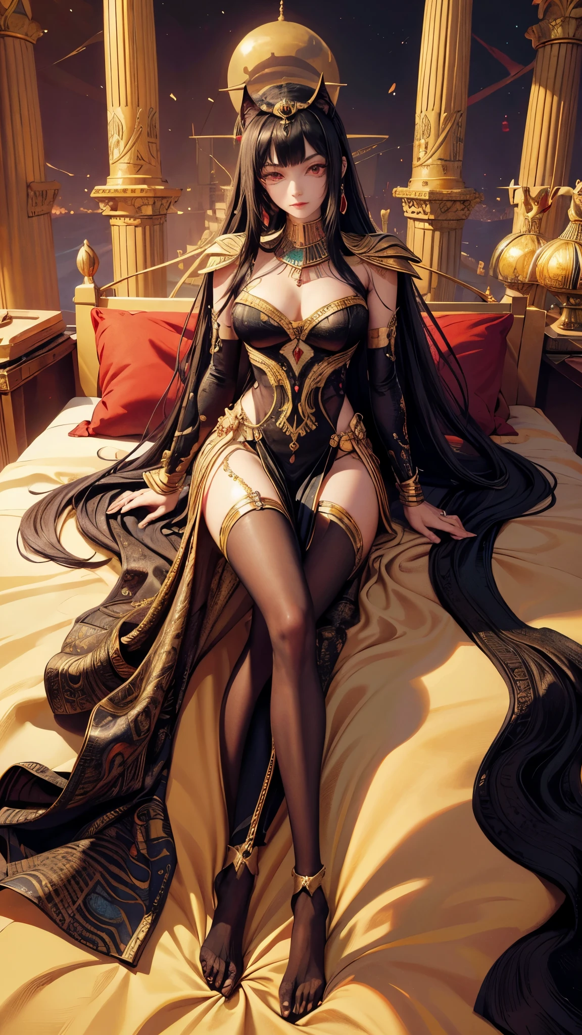 (masterpiece, best quality, highres:1.2), 1girl, solo, ultra-detailed, photorealistic anthropomorphic animal, Pharaoh, Egypt, Bastet, Egyptian goodness, pharaoh woman, cat girl, cat sphinx, onyx skin, monster girl, furry, detailed body, detailed hands, correct fingers, Egyptian-themed bedroom, luxurious silk cloth, golden jewelry, mesmerizing red eyes, mysterious aura, sharp claws, vibrant colors