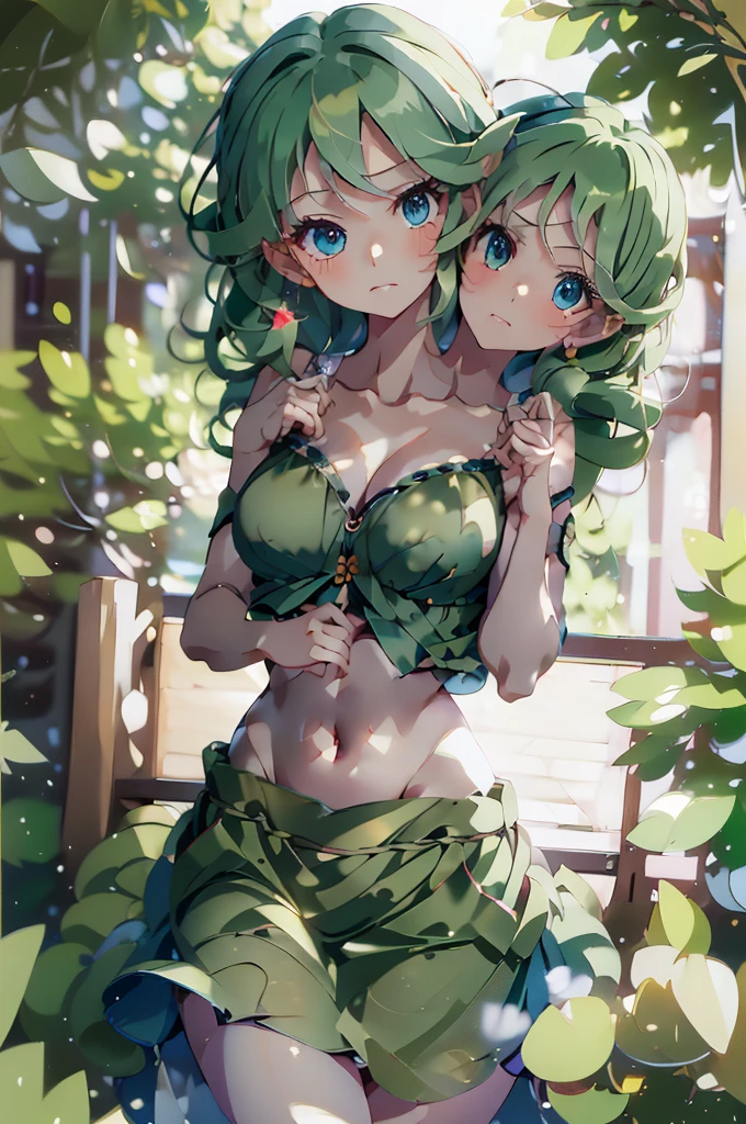 (masterpiece, best quality), best quality, best resolution, (ultra-detailed), (3heads:1.5), 1girl, (yamashiro takane:1.3), masterpiece, best quality, ultra quality, ultra resolution, green top, crop top, ((stomach)), midriff, ((groin)), green skirt, miniskirt, normal ears, shackles, green hair, very long hair, wavy hair, sidelocks, blue eyes, parted lips, single horn, sweat, cute, toned belly, hand on own chest, eyelashes, (24 year old woman:1.3), (masterpiece:1.5), (best quality:1.5), (beautiful detailed), extremely detailed CG, extremely delicate and beautiful, depth of field, (finely detailed face), (perfect details:1.2), (mature female:1.3), wide pelvis, slender, large veiny breast, 16k resolution, highres, high quality, high definition, extremely detailed, masterpiece, green hair, long hair, alluring presence, twin braid, short skirt, close up, big , young, green headwear, hat, camouflage,
