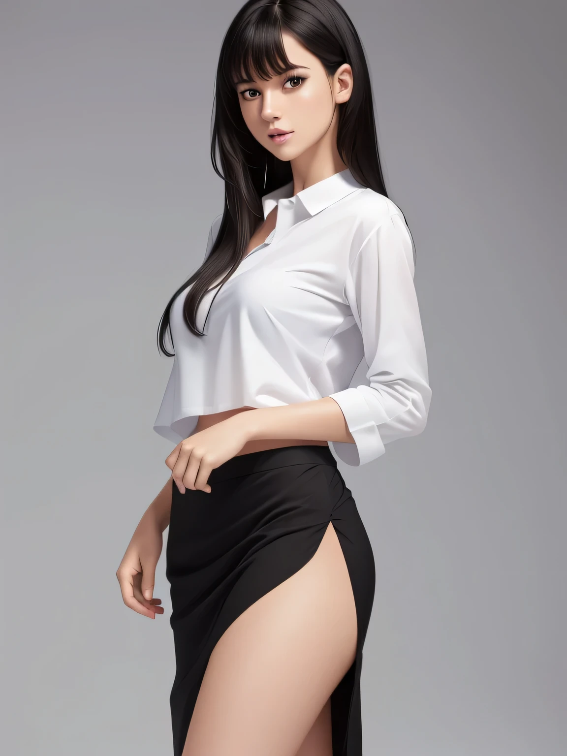 Nipples, visible from a white shirt (((masterpiece, highest quality)), no panties, 1 girl, (photorealistic: 1.4), solo, white background, black hair, long hair, absolute area, skirt, ((full body)),  