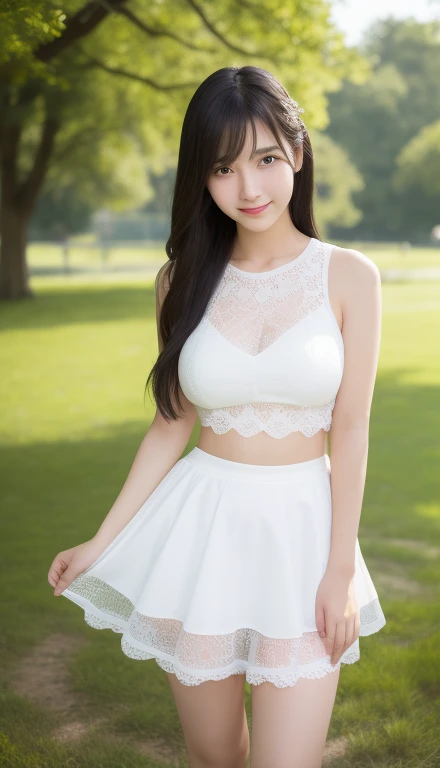 ,Fascinating Real Girls, Beautiful and attractive woman, Beautiful and attractive teen, Beautiful woman, Attractive girl, beautiful girl, Smooth Art Photography, (16 year old Japanese girl), Long Hair, Very exquisite work of art、White lace sleeveless、Sheer White Mini Skirt、Perfect clothing for the skin、Thighs、Large Breasts、Ample breasts、Deep valley、Embarrassing、smile、On the grass in the park、Black Hair、はだけたThighs、Transparency、Transparent service、clavicle、female knight、No Armor、Model standing