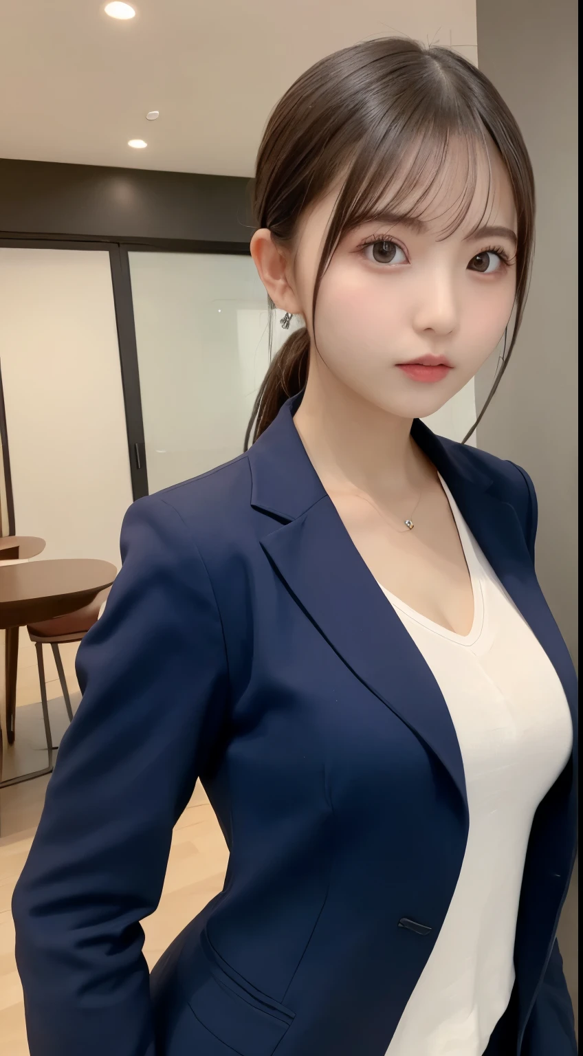 Tabletop, highest quality, figure, Very detailed, In detail, High resolution, 8k wallpaper, Perfect dynamic composition, Beautiful fine details,  Natural Lip,blazer ,, Big Breasts, whole body