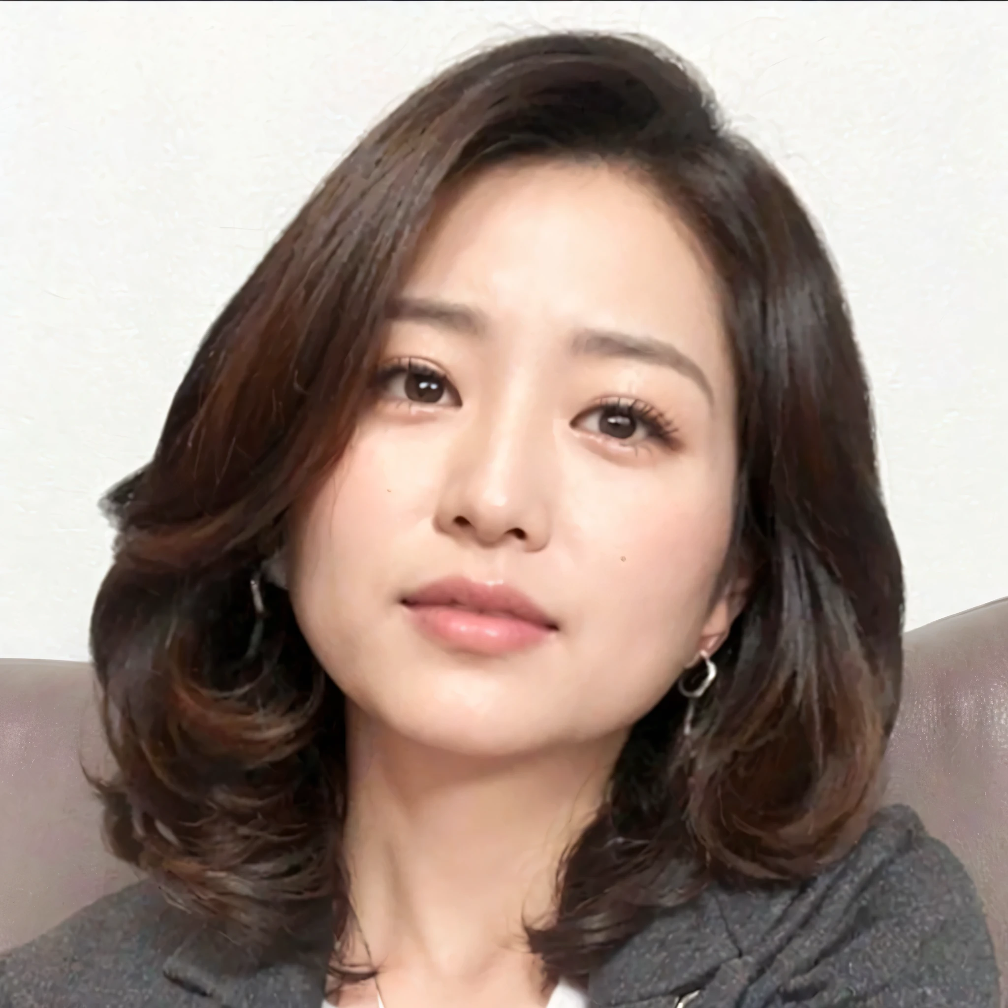 A 40-year-old middle-aged Japanese woman wearing a silk bowtie blouse and a gray jacket is sitting cross-legged on a sofa,necklace,ring,(Raw photo, 最high quality), (Realistic, photo-Realistic:1.2), 1 Female, high quality, (High definition skin:1.4), Puffy eyes, Gorgeous Hair, (Dark Room:1.3), (Rim lighting:1.3), (It's dim:1.3), (Dark Night:1.3), Indoors,, Black Hair, Dark Background,