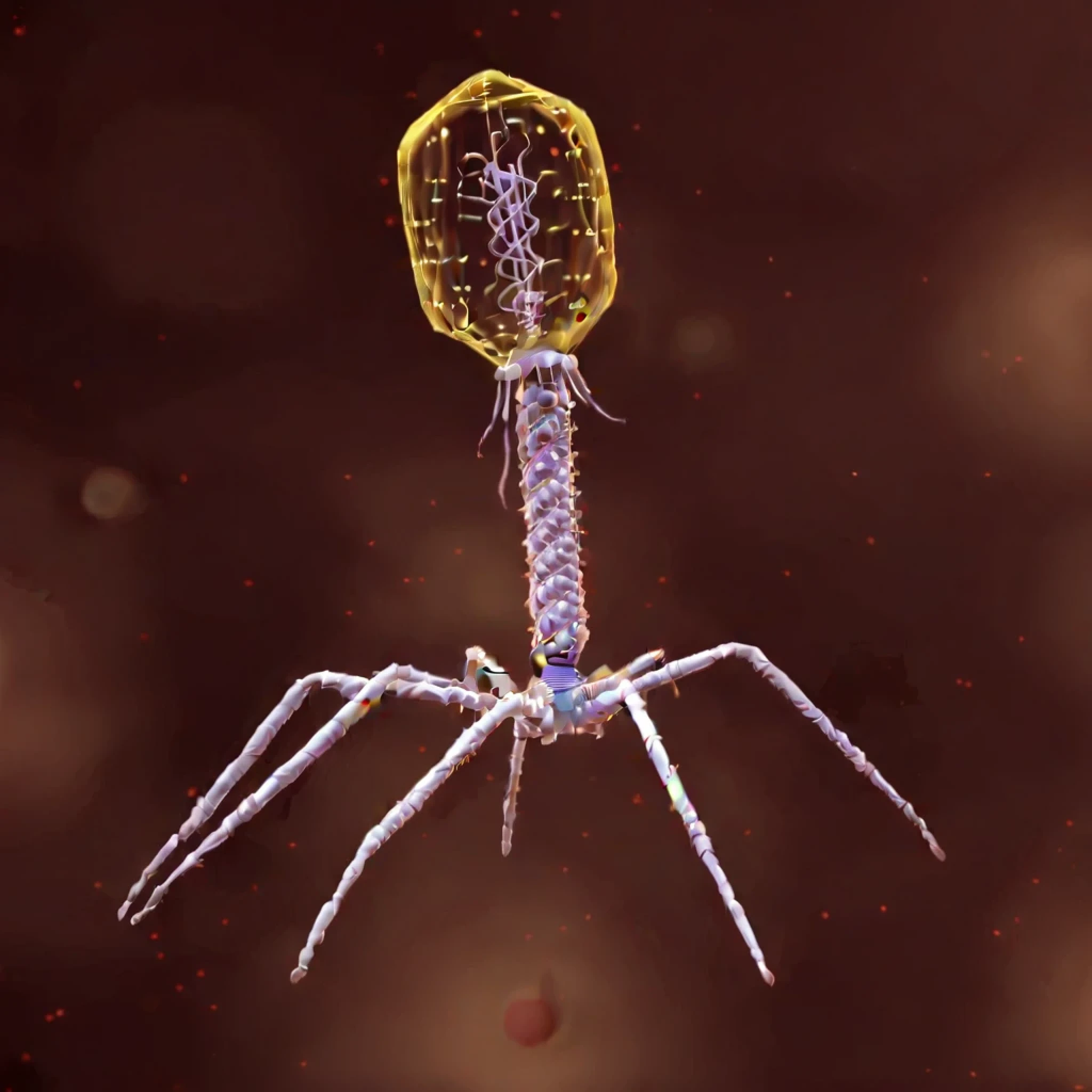 phage, monoclone, attacking bacteria、It has a double helix of genes inside its transparent head、Screw-like body、Spider-like legs、No face、There is no one、