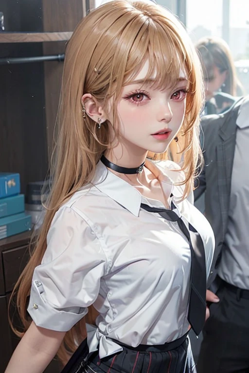 One girl, Long Hair, Earrings, Earrings, jewelry, choker, ear Earrings, tie, black choker, skirt, shirt, View your viewers, white shirt, chest, clavicle, bangs, blue skirt, alone, collared shirt, very Long Hair, black tie, , medium chest, Plaid