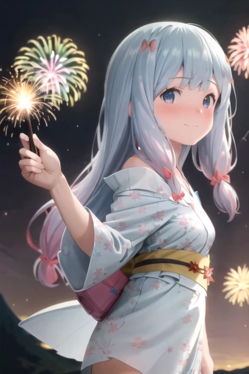 masterpiece, best quality, ultra detailed, highres, extremely detailed CG unity 8k wallpaper, perfect lighting, very detailed background, beautiful and aesthetic,sharp focus, perfect face, dynamic pose, dynamic angle,
1girl, upper body, (portrait:1.1), multicolored yukata, kanzashi, looking at viewer, full-face blush, from side, from below, smile,
night, dark sky, misty lake, mountainous horizon, break,aerial fireworks, (Full of sky fireworks:1.2),
、Shoulder Bare、Off the shoulder、(Holding a handheld firework:1.2)、(middle Breasts:1.0)、(izumi sagiri:1.7)、grey hair, long hair, multicolored hair, blue eyes