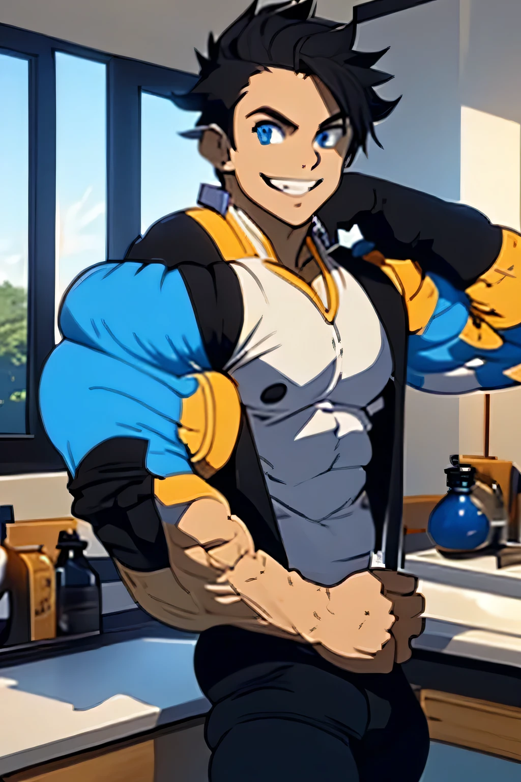 one male, young boy, blue eyes, black hair, black sleeveless shirt, blue pants, smiling, lean build,