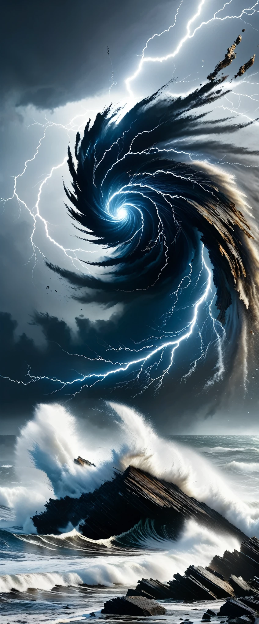 Black and White Photography,Stereoscopic photography,Large depth of field,High Definition,beach,coastal,Big sea waves,龙卷wind,fly,wind暴,wind,hurricane,Gloomy sky,Thunder and lightning,Strange scorched stone,Destroyed mounds of earth,broken fish boat,old,wind化,deserted,(RAW photos,Best quality),(reality,照片reality感:1.3),masterpiece,Extremely exquisite and beautiful,high resolution,Original,Perfect lighting,(Extremely detailed CG:1.2),Unite,2k wallpaper,Amazing,Fine details