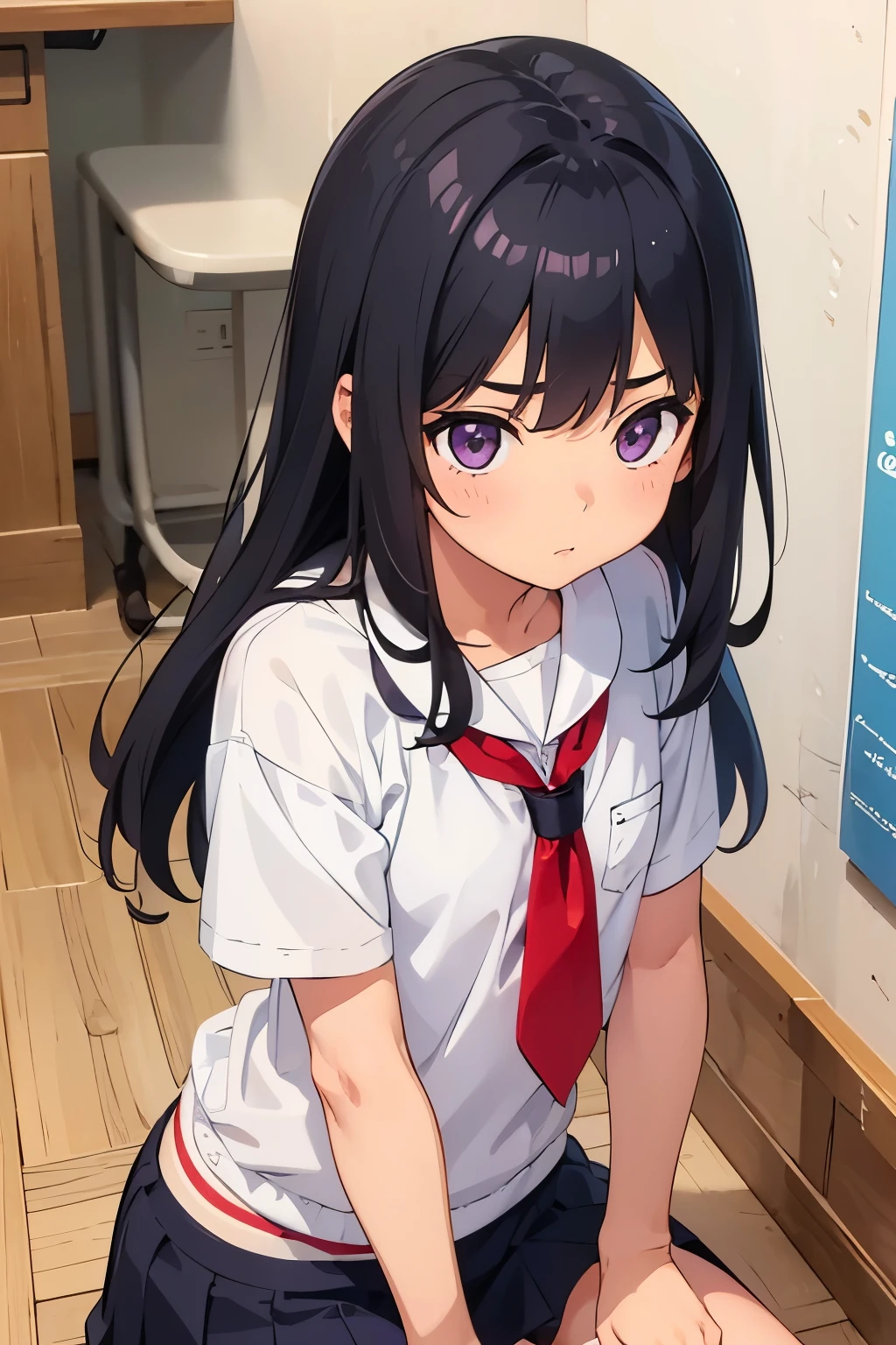 School changing room girl, 8 years old Flat chk hair, long hair, purple eyes White sports bra on upper body White panties on lower body ((I can see her panties)) White socks sneakers School changing roomロッカーの前 Are standing Dynamic angle Low angle