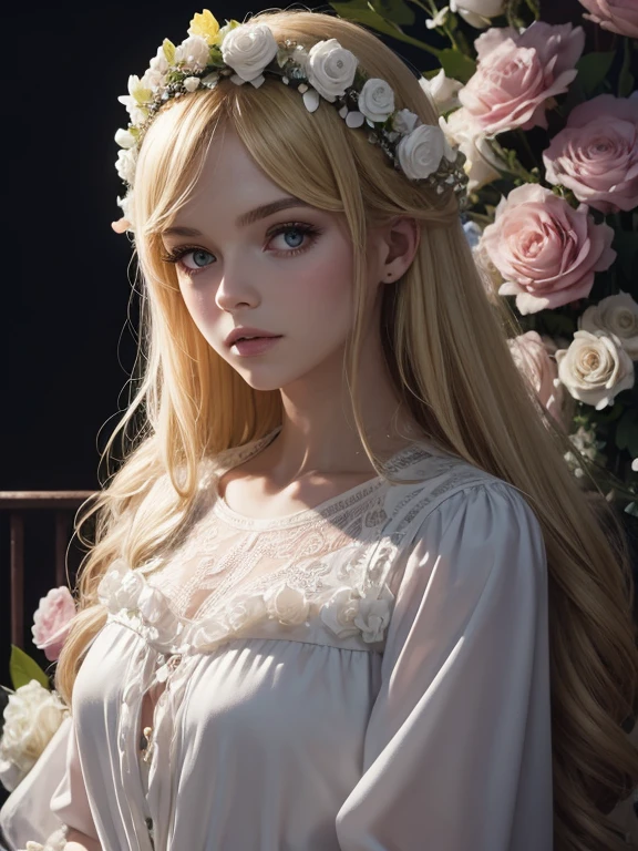 One Girl, skeleton, Blonde, White clothes, Flower Crown, Lots of flowers, Surrounded by flowers, nostalgic, Gorgeous atmosphere, highest quality, 8k