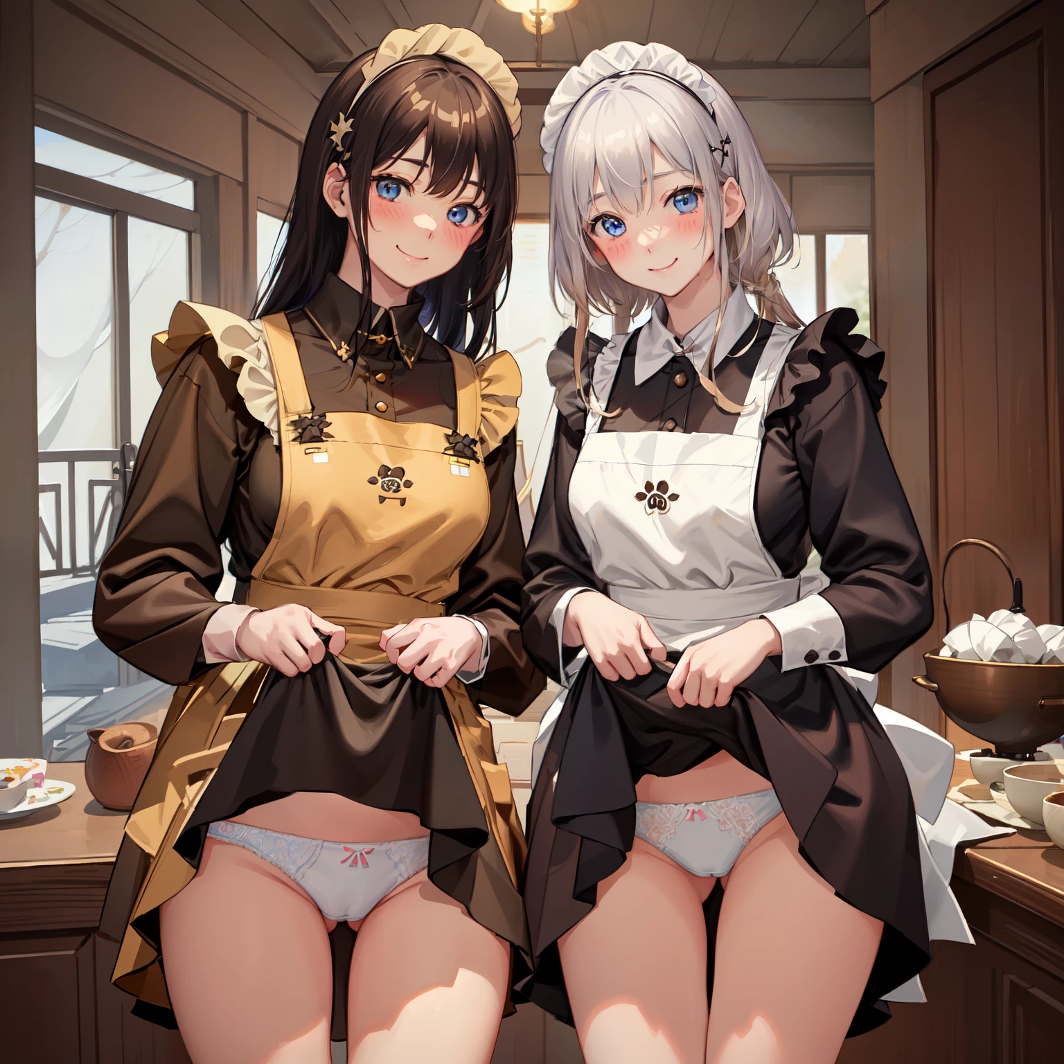 highest quality、masterpiece、((2 women))、((smile:1.3))、(blush:1.3)、Black Shirt、blouse、((fun!!))、(Small breasts)、()、Blonde、(Long sleeve)、((White apron:1.5))、((Maid))、((hair ornaments)),、Kamimei、look at me、 ((in house:1.5))、 Taking a break from watching the audience、Cowboy Shot、(Skirt lift:1.3),(Highly detailed white panties:1.3)、(Highly detailed panties:1.3)、、(スカート that rolls up:1.3)、(Panties fully exposed:1.5)、Light blue eyes、long hair、Glowing Eyes
