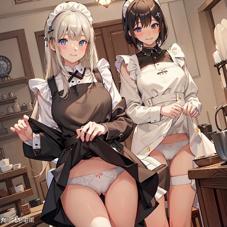 highest quality、masterpiece、((2 women))、((smile:1.3))、(blush:1.3)、Black Shirt、blouse、((fun!!))、(Small breasts)、()、Blonde、(Long sleeve)、((White apron:1.5))、((Maid))、((hair ornaments)),、Kamimei、look at me、 ((in house:1.5))、 Taking a break from watching the audience、Cowboy Shot、(Skirt lift:1.3),(Highly detailed white panties:1.3)、(Highly detailed panties:1.3)、、(スカート that rolls up:1.3)、(Panties fully exposed:1.5)、Light blue eyes、long hair、Glowing Eyes