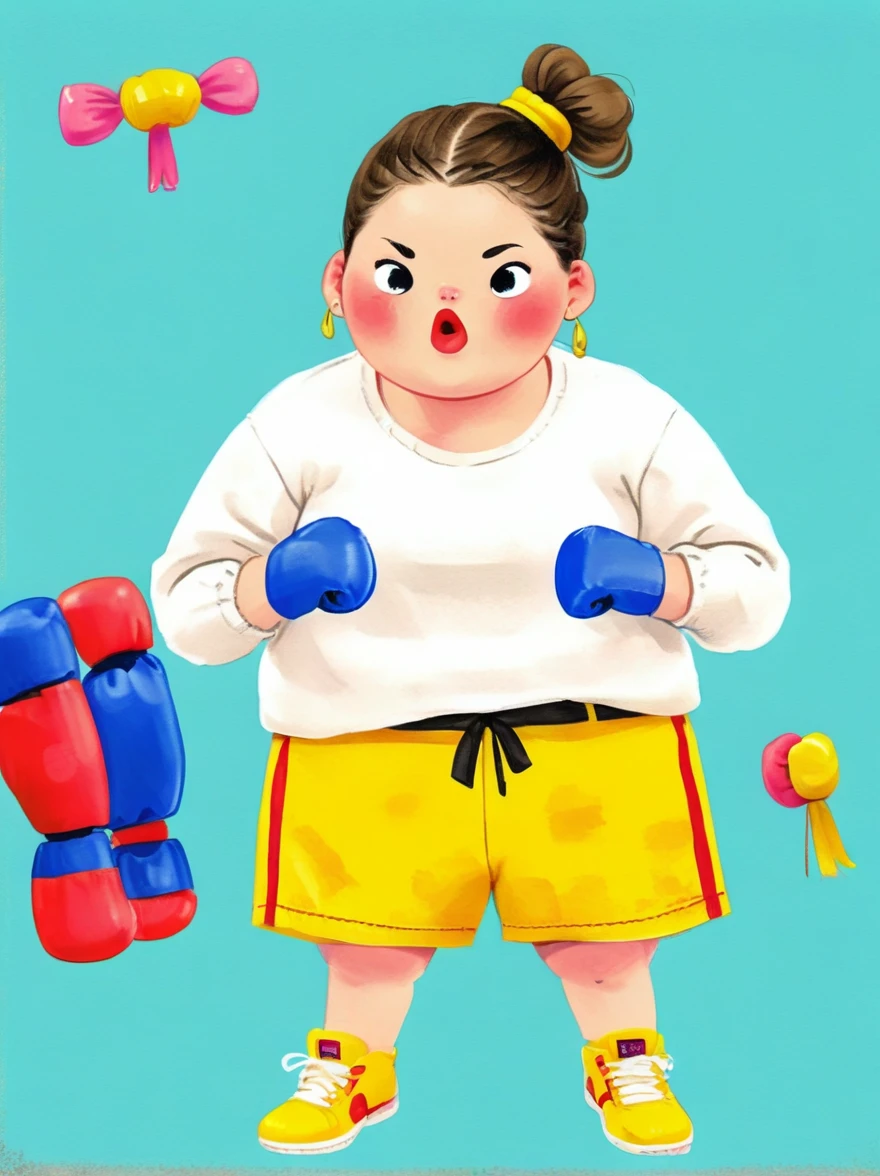 1 fat girl，Kissing in front of the camera，(one eye Close:1.6)，Wearing a simple white sweatshirtBREAK Black tie shorts，Bright yellow sneakers，Always ready for the challenge，Brown ponytail tied up high，Showing her lively and active side，The most eye-catching thing is the yellow boxing gloves she wears，(punching:1.5)，Eyes firm and bright，Revealing an unyielding fighting spirit，Boxing match background，full body，chibi anime illustration，Vector illustration，cartoon Q version, by Tiago Hoisel