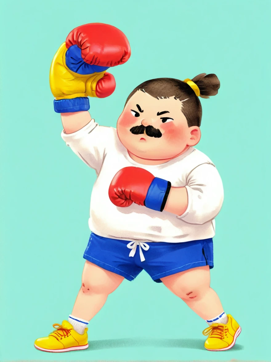 1 fat girl，Kissing in front of the camera，(one eye Close:1.6)，Wearing a simple white sweatshirtBREAK Black tie shorts，Bright yellow sneakers，Always ready for the challenge，Brown ponytail tied up high，Showing her lively and active side，The most eye-catching thing is the yellow boxing gloves she wears，(punching:1.5)，Eyes firm and bright，Revealing an unyielding fighting spirit，Boxing match background，full body，chibi anime illustration，Vector illustration，cartoon Q version, by Tiago Hoisel