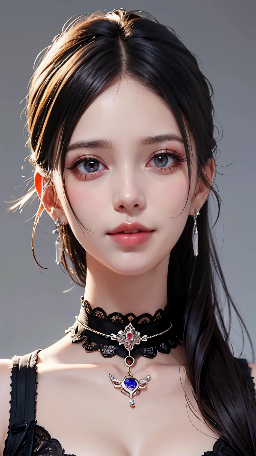 masterpiece,best quality,ultra-detailed,8K,detailed light,detailed shadow,RAW, (detailed skin),(realistic:1.2),
1girl,face,
pilyeon, black nails, jewelry, Long hair, looking at viewer, choker, necklace,piercing, white background, heart, closed mouth, grey eyes, nail polish, simple background, black hair, ear piercing, black choker, smile, eyelashes, lips, hand on own cheek, bangs, bracelet, beads, gem, earrings, fingernails
