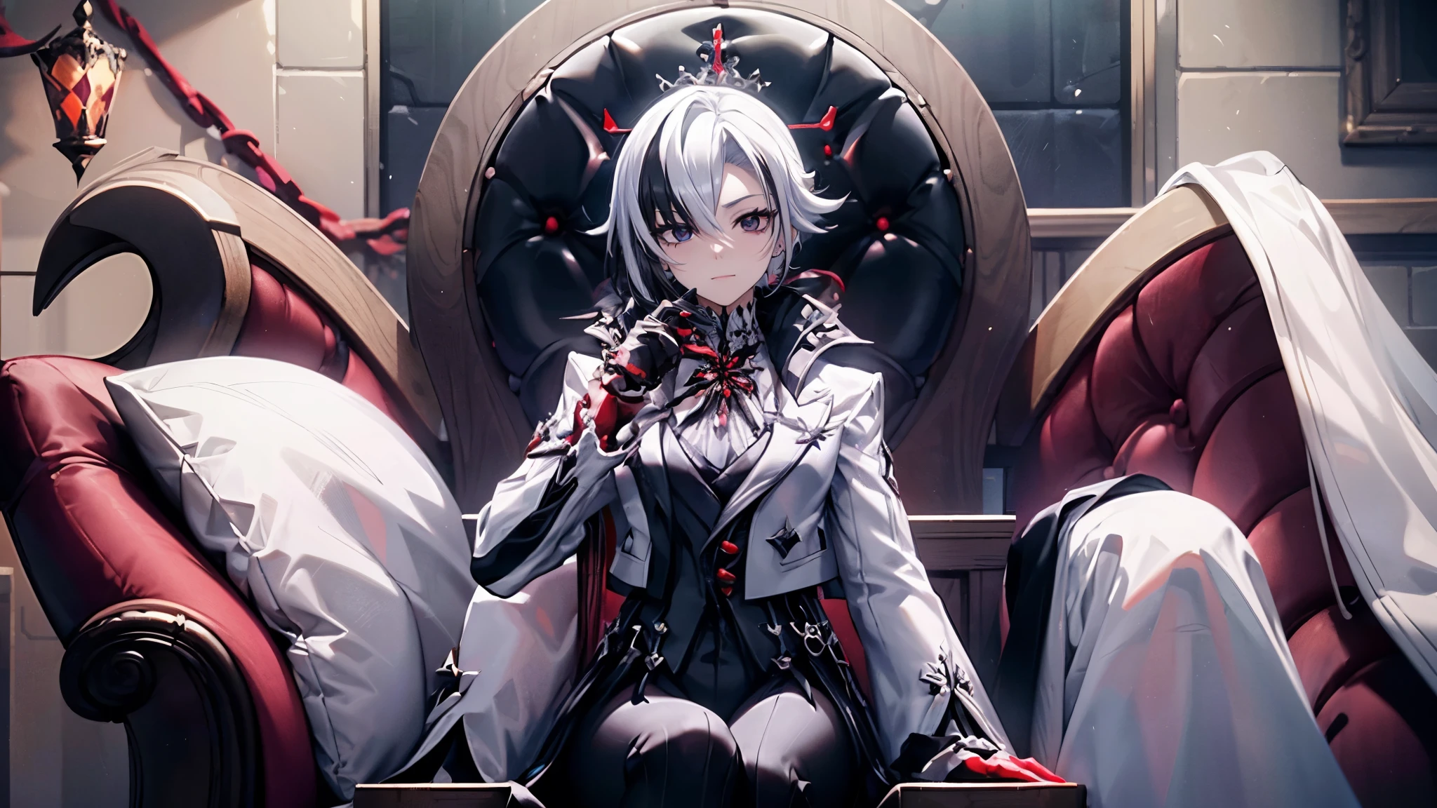 1girl, solo, white hair, black hair, multicolored hair, x-shaped pupils, black eyes, arle_suit, arlecchino, serious look, mature, sitting on a throne, crimson lighting, queen. dim lightning