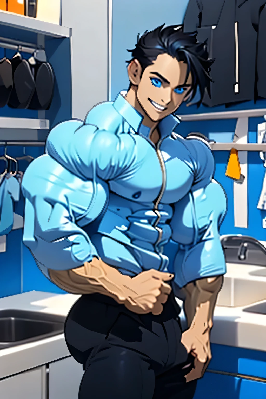 one male, young boy, blue eyes, black hair, no shirt, blue pants, smiling, lean build,
