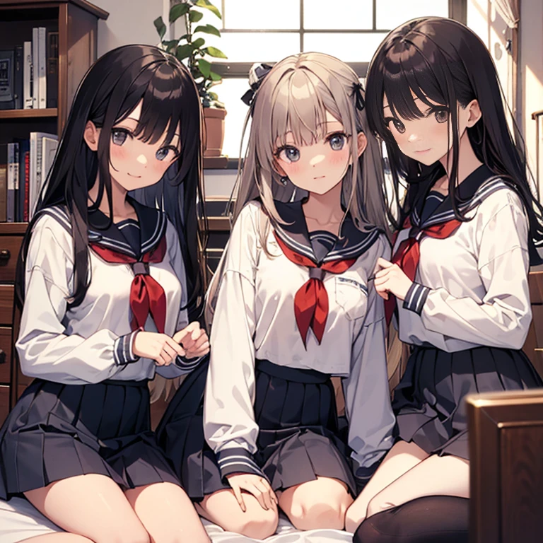 A group of girs, in bedroom, transparent sailor uniform