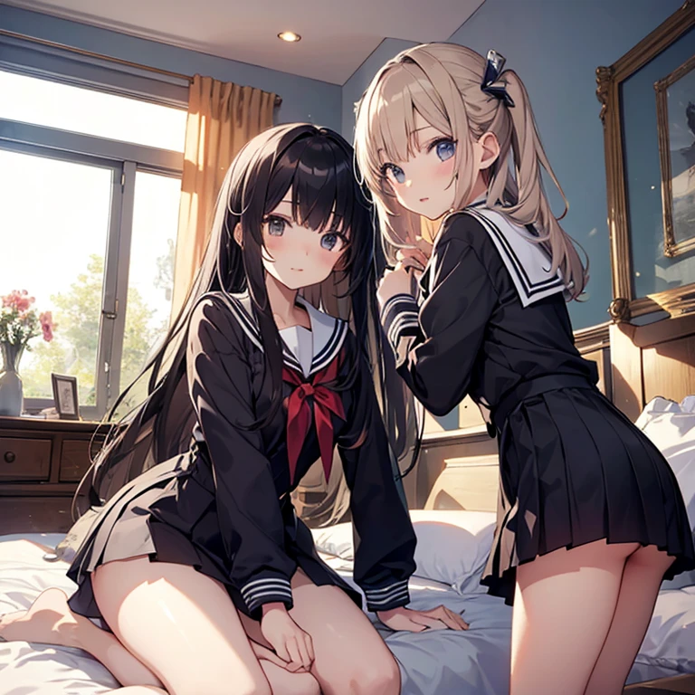 A group of girs, in bedroom, transparent sailor uniform