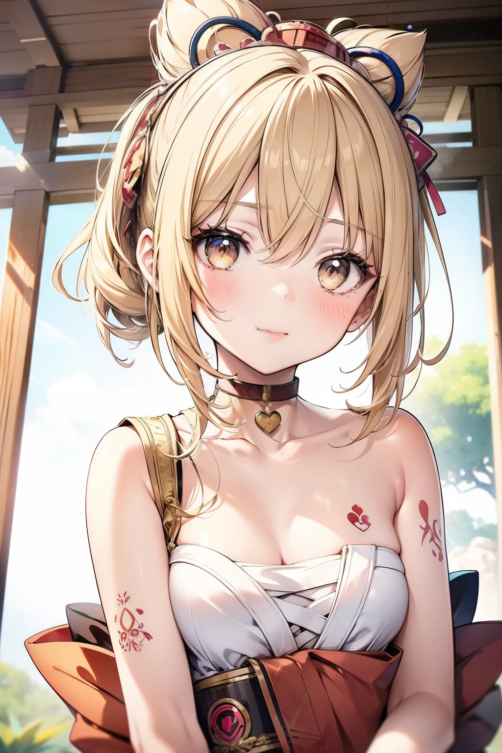 Evening Shrine、Good looking girl (blush, Perfect Face), independent , Looking at the camera, masterpiece, Anime art style, Cute Characters, Most detailed, high quality、Nico Nico Smile、There are highlights on the eyes、Blonde、The whole body is visible、Regular costume、There is a festival、****ta、Small breasts