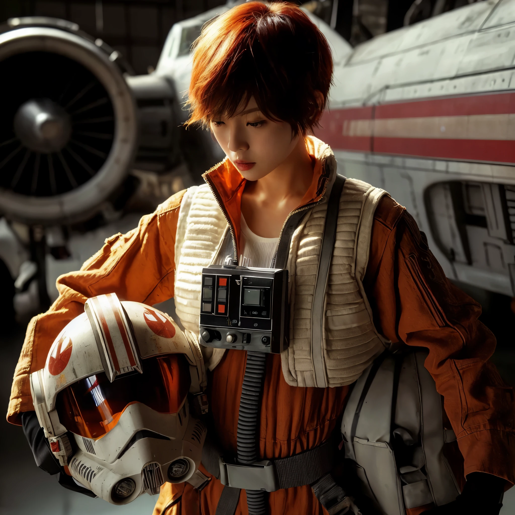 ((very sharp photo result & detailed face)) (((textile shading))), (((Best Quality))), (((masterpiece))), (((hyper realistic photo))) movie scene, cinematic movie, backlight dramatic shade photography, low angle full body a cool young japanese girl with short spiky red hair wear rustic starwars rebel pilot jumpsuit, white tanktop shown inside the opened zipper, cool posing hold an open face pilot orange visor helmet in rebel base, in front of her X-wing jet fighter, UHD 8k