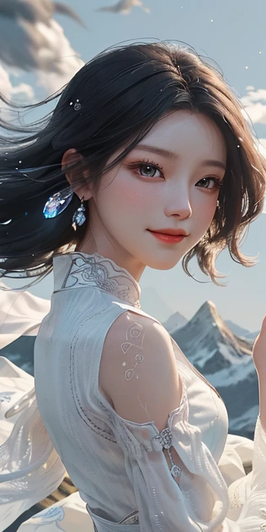 masterpiece, exquisite, illustration, {beautiful and meticulous girl}, beautiful and detailed halo, (fire of war: 1.2), (nuclear explosion behind: 1.3), rain, detailed lighting, detail water, (beautiful and detailed eyes: 1.1), expressionless, palace, sky blue hair, scattered hair, long bangs, eyebrows, (white-gray dress: 1.1), black ribbon, white bow tie, upper abdomen, big forehead, dull, flower, long sleeves