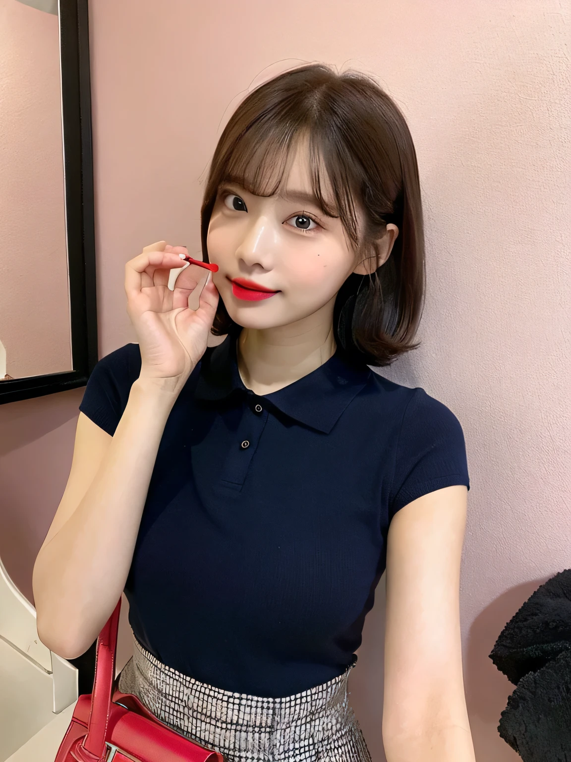 one person、Applying lipstick while looking in the mirror、smile、carrying a red handbag、fun、17 years old、whole body、slender、woman、White drool coming out of the mouth、Short hair, fair skin, messy hair, super cute、Soft and Face、Brown Hair、8k resolution、Surreal、Ultra high definition、 Soft Body Tight Ass Night、A-cup small breasts((Highest resolution、8k、masterpiece:1.3))、Ultra-fine face、Ultra Fine Lips、Beautiful Eyes、double eyelid,Pink wall、Navy blue polo shirt、Navy blue mini skirt、、I can see your thighs、Shapely small breasts、