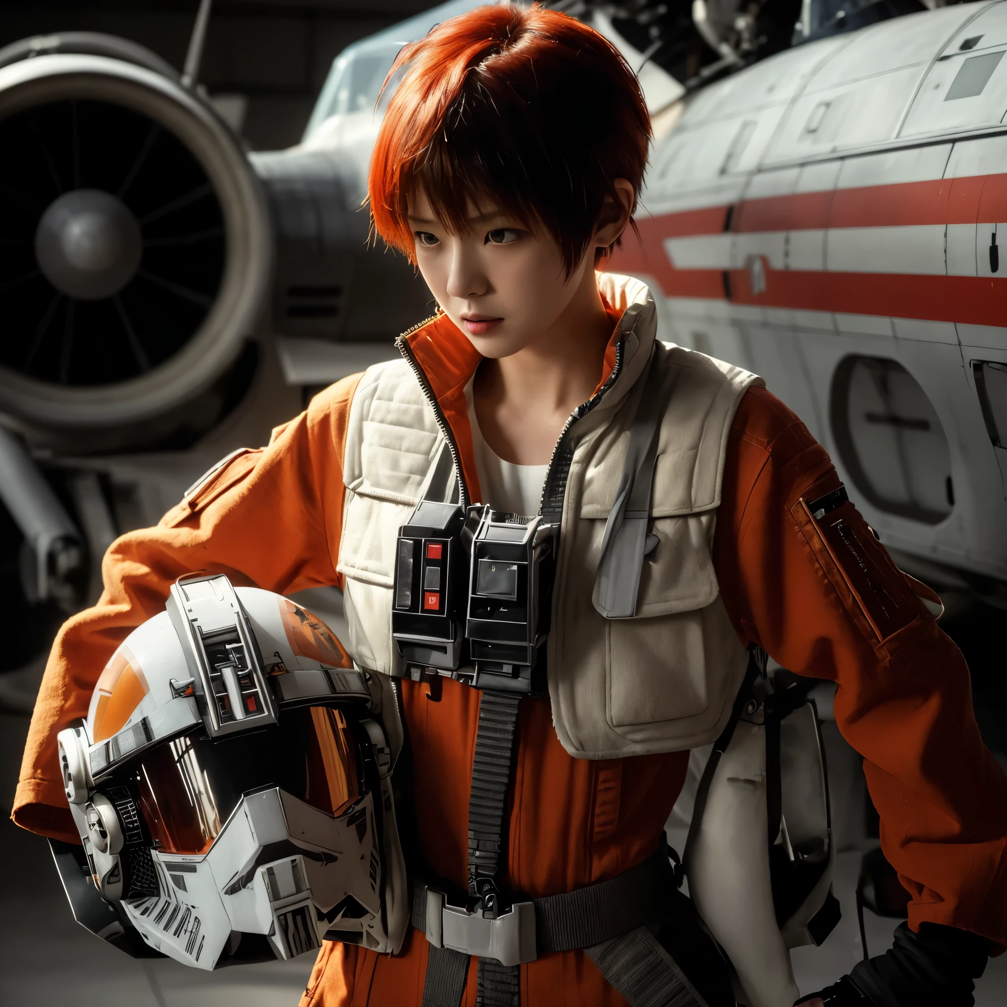 ((very sharp photo result & detailed face)) (((textile shading))), (((Best Quality))), (((masterpiece))), (((hyper realistic photo))) movie scene, cinematic movie, backlight dramatic shade photography, low angle full body a cool young japanese girl with short spiky red hair wear rustic starwars rebel pilot jumpsuit, white tanktop shown inside the opened zipper, cool posing hold an open face pilot orange visor helmet in rebel base, in front of her X-wing jet fighter, UHD 8k