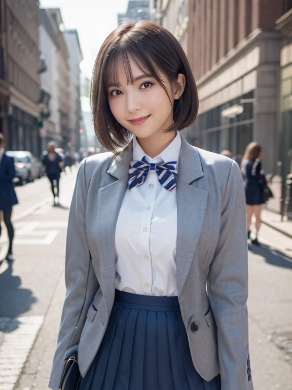 highest quality, Ultra-high resolution, (Realistic: 1.4), (highest quality, masterpiece:1.3, Ultra-high resolution), (Very detailed, Caustics, 8k), (Realistic:1.4, RAW shooting), (I'm looking at the camera with a smile on my face), Long sleeve blouse, big, street, Face Focus, Natural light, Backlight, Lens flare, Professional Writing, beautiful Eyes, Super beautiful, Very short hair, beautiful, spouse, beautiful Soldier, Eyes that beckon, spouseの視点, Attractive look, Sexy smile, Perfect Style, Perfect balance, Detailed skin, Mischievous Gaze, I can see your chest, ((Navy Blazer:1.2, Navy Pleated Mini Skirt)), (Closed blazer, Grey bow tie, White collared shirt, Black thigh-high socks)