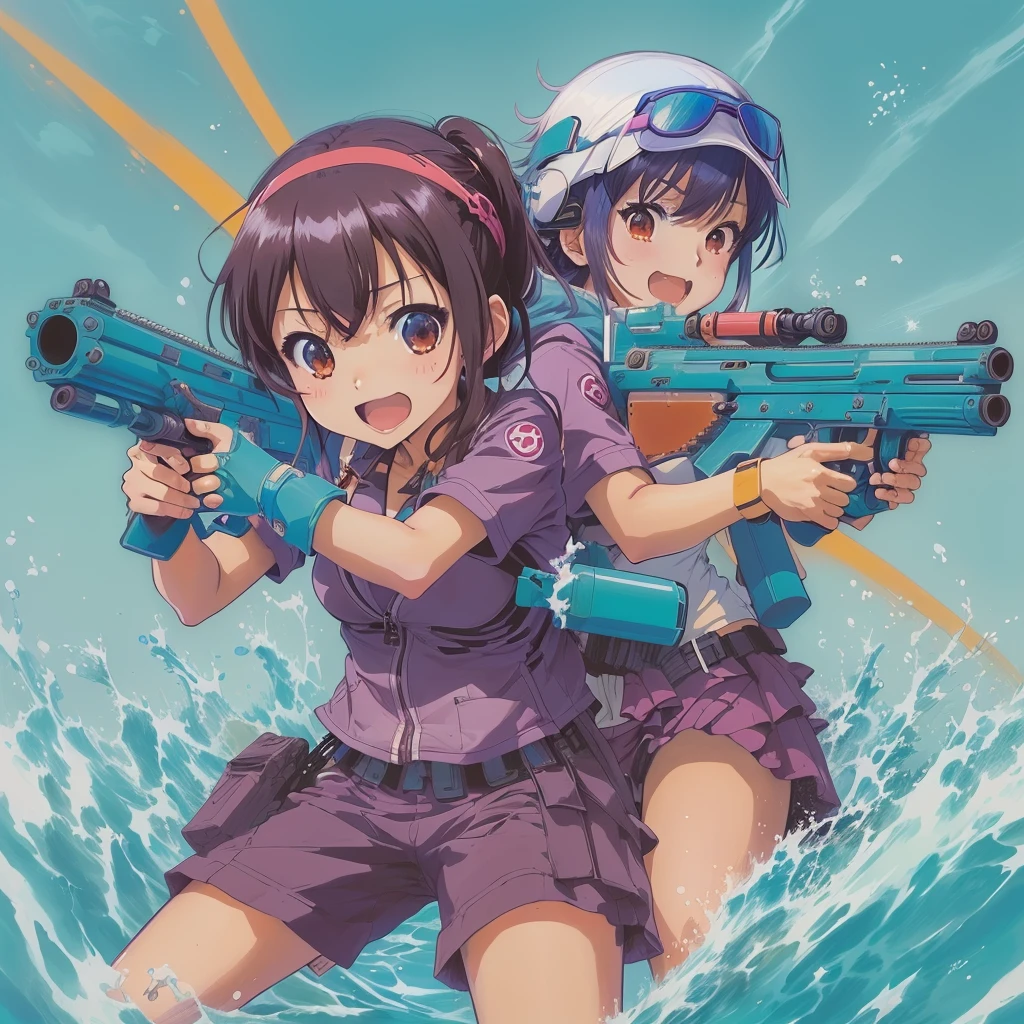 Anime girl in bikini with gun by pool, Official Anime Artwork, Official Artwork, by Narashige Koide, by Yoshihiko Wada, High-quality artwork, by Oze Kanaoka, Official Art, by Okada Beisanjin, Anime Moe Art Style, Anime Key Visual Concept, yuruyuri, by Akihiko Yoshida, nagatoro